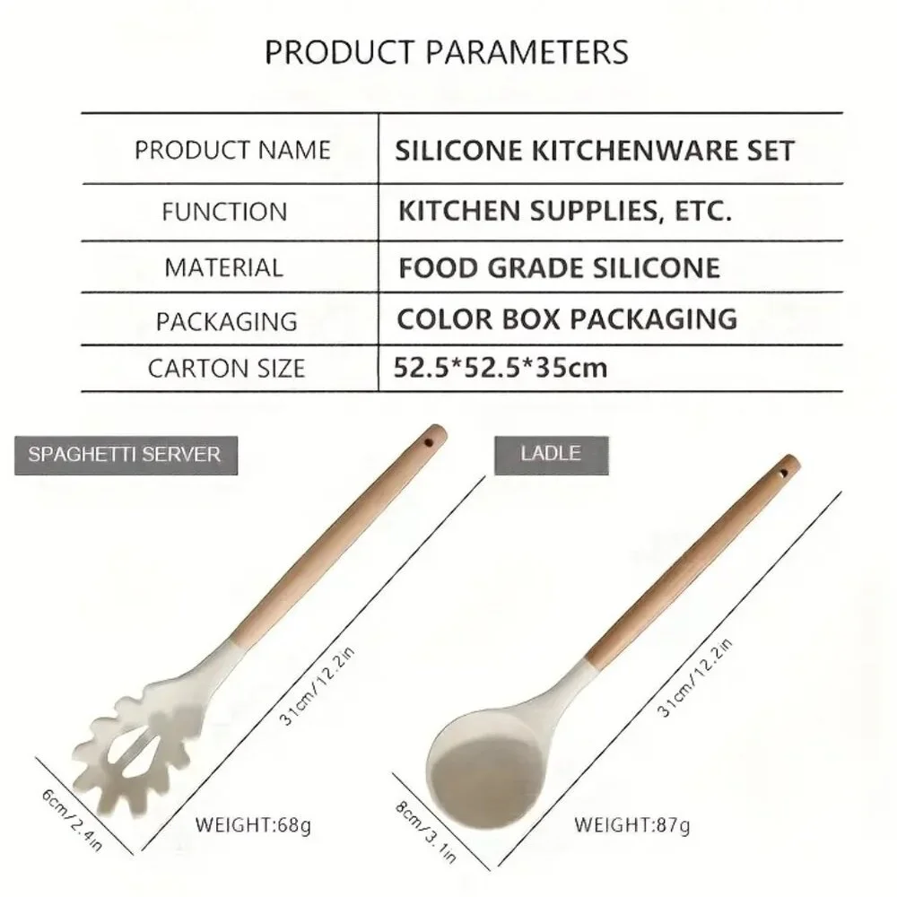 12pcs Non-Stick Silicone Kitchenware Utensil Set with Ergonomic Wooden Handle